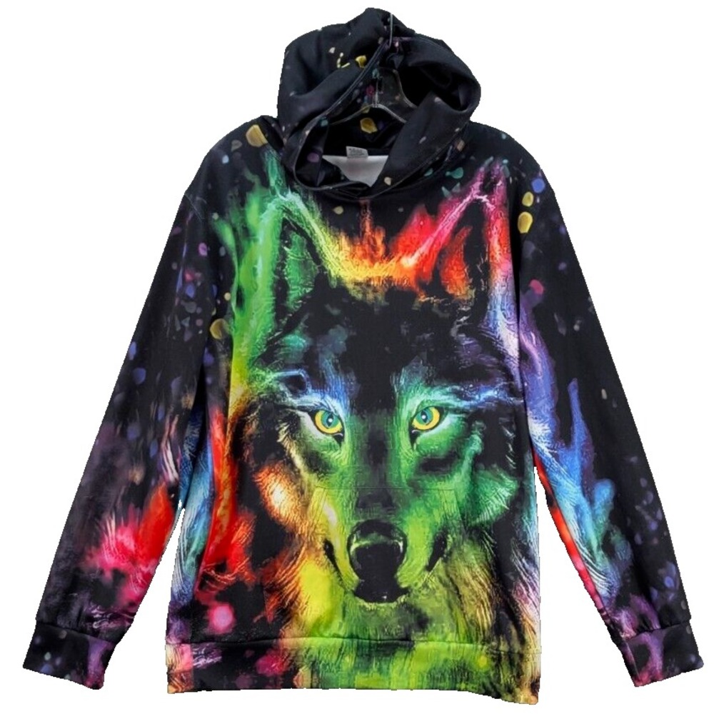 Funnycokid Wolf Face 3D Print Pullover Hoodie Sweatshirt Northern Lights Size XL